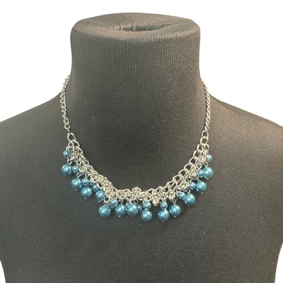 Silver Chain Necklace & Earrings Set With Blue Bead Accents - Picture 1 of 4